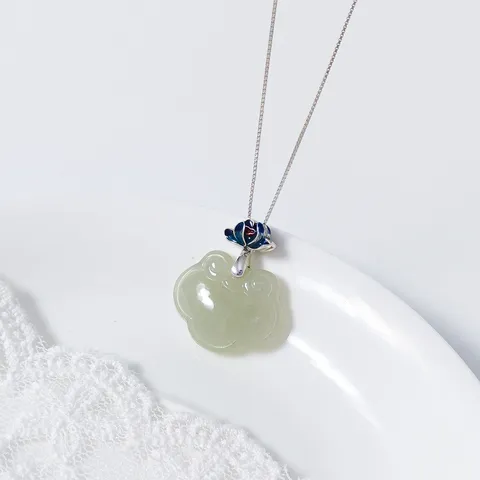 S925 Sterling Silver Hetian Jade Lotus Ruyi Pendant Only (Without Chain) Minimalist Retro Enamel Flower Jewelry For Women