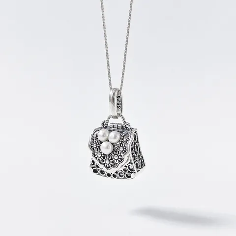 Ciondolo Borsa Traforata Retro in Argento Sterling S925 Con Perla Artificiale Argento Thailandese Ciondoli Per Donna Gioielli