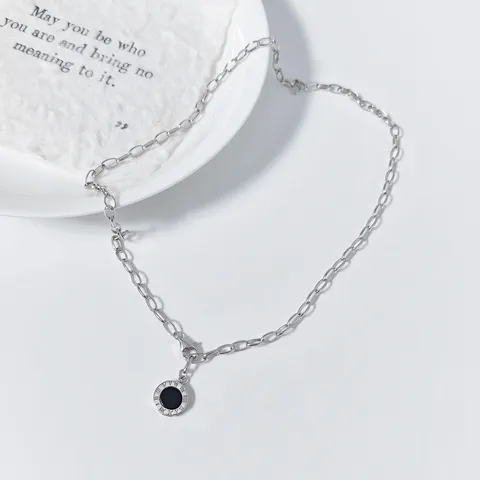 Collier en Argent Sterling 925 Chiffres Romains Agate Noire pour Femmes Pendentif Cercle en Strass Bijoux Décontractés de Luxe Cadeau