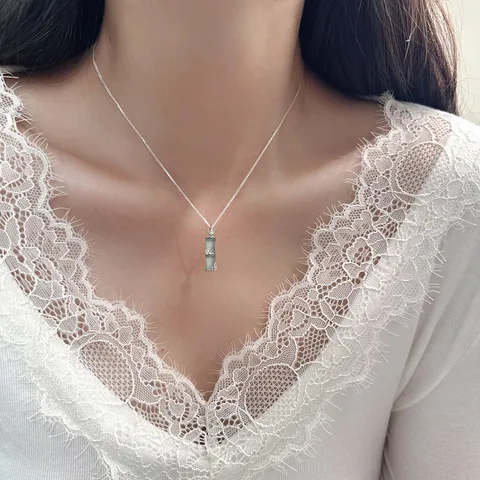 925 Sterling Silver Bamboo Joint Pendant Only Without Chain New Chinese Style Blue Jade Look Rhinestone Inlaid Women Jewelry