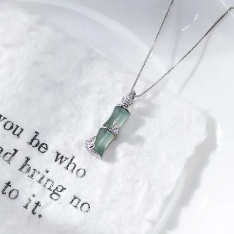 925 Sterling Silver Bamboo Joint Pendant Only Without Chain New Chinese Style Blue Jade Look Rhinestone Inlaid Women Jewelry