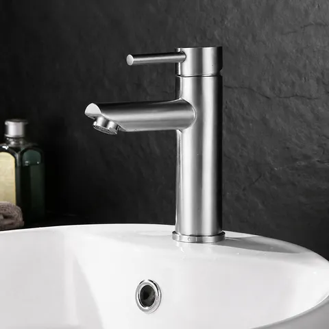 Grifo Moderno de Acero Inoxidable para Lavabo Cepillado Monomando Agua Fría y Caliente para Fregadero de Baño