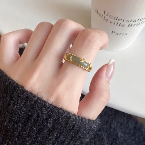 925 Sterling Silver Nephrite Jade Bamboo Leaf Open Ring For Women New Chinese Style Vintage Hollow Out Adjustable Ring