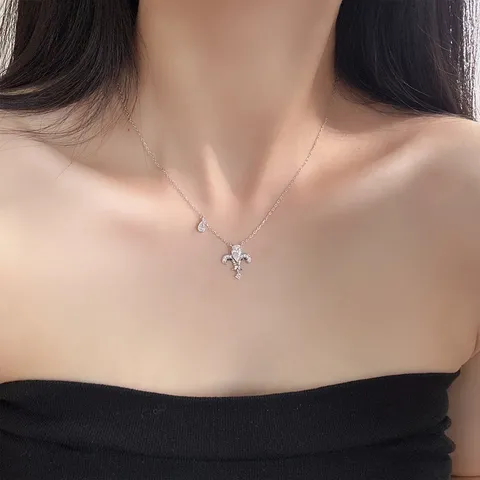 S925 Sterling Silver Vintage Fleur-de-lis Rhinestone Water Drop Pendant Necklace Elegant Retro Charm Jewelry For Women Gift