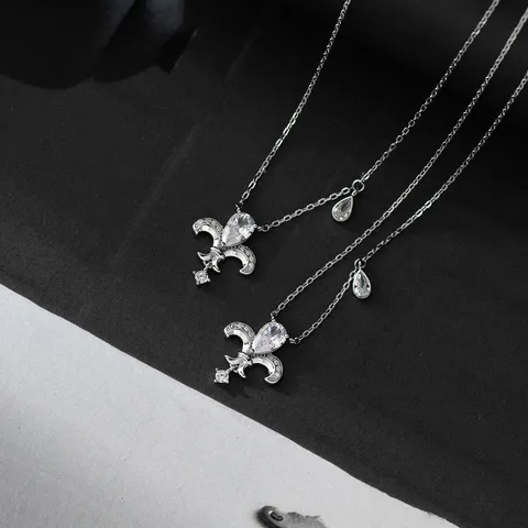 S925 Sterling Silver Vintage Fleur-de-lis Rhinestone Water Drop Pendant Necklace Elegant Retro Charm Jewelry For Women Gift