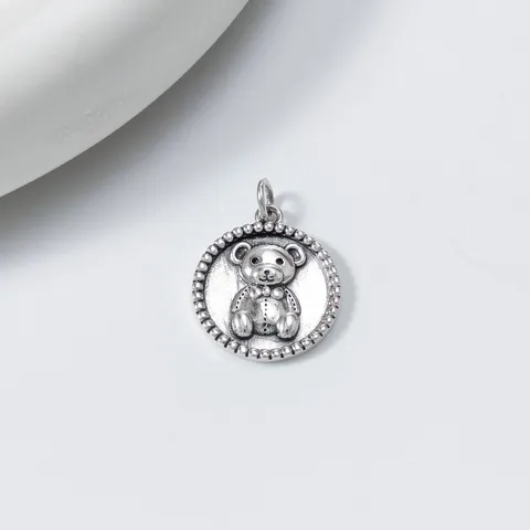 Vintage S925 Sterling Silver Teddy Bear Round Pendant Literary Retro Thai Silver Pendant Only For Women Men Jewelry Gift
