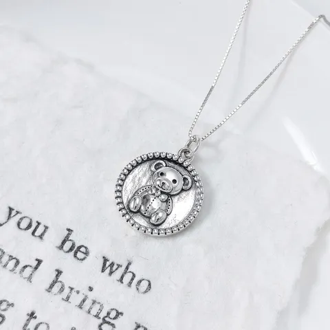 Vintage S925 Sterling Silver Teddy Bear Round Pendant Literary Retro Thai Silver Pendant Only For Women Men Jewelry Gift