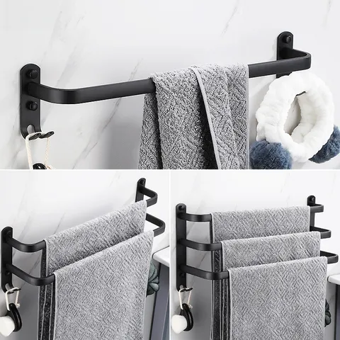 Modern Black Aluminum Towel Bar Punch Free Bathroom Towel Holder Single Double Triple Rail Wall Mounted Storage Rack