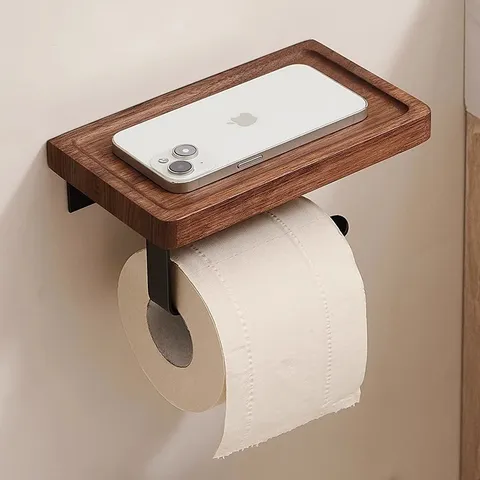 Solid Wood And Space Aluminum Toilet Paper Holder Wall Mounted Bathroom Tissue Roll Dispenser With Phone Storage Shelf
