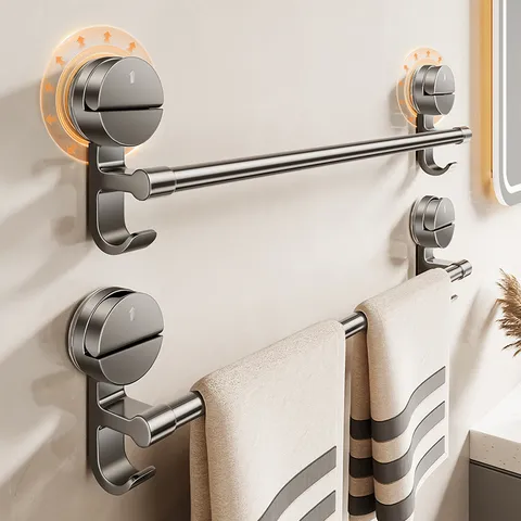 Modern Minimalist Gunmetal Gray Punch Free Carbon Steel Towel Bar Bathroom Storage Rack With Hooks