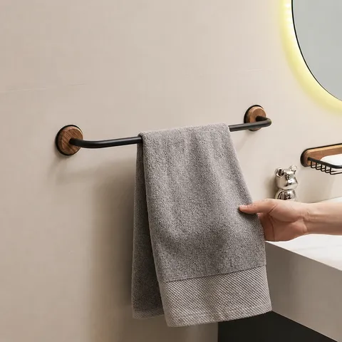 Minimalist Bathroom Towel Bar Wall Mounted Punch-Free Towel Rack Space Aluminum Walnut Wood Single Rod Holder