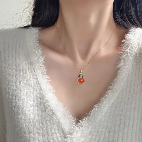 Ciondolo Zucca Farfalla in Argento Sterling 925 Stile Cinese Smalto Agata Rossa Vintage Ciondolo Senza Catena