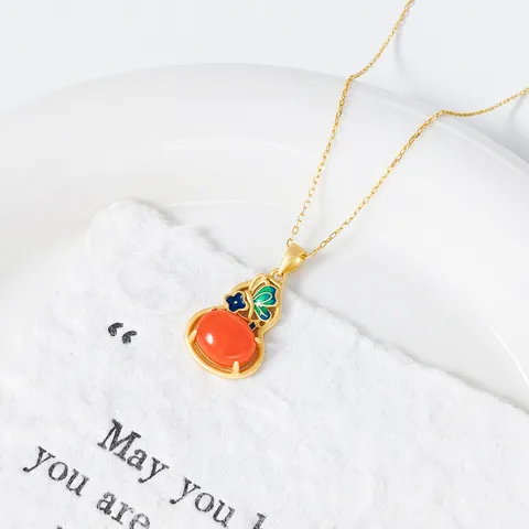 Ciondolo Zucca Farfalla in Argento Sterling 925 Stile Cinese Smalto Agata Rossa Vintage Ciondolo Senza Catena