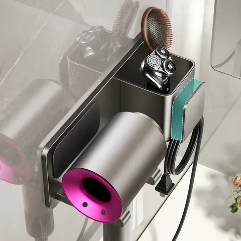 Minimalistischer Raumfahrt-Aluminium Kohlenstoffstahl Haartrocknerhalter Wandmontiert Ohne Bohren Bad Aufbewahrungsregal Gunmetal Grau