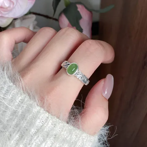 Vintage 925 Sterling Silver Jasper Xiangyun Ring For Women Adjustable Retro Thai Silver Inlaid Green Jasper Ring Chinese Style Jewelry Gift