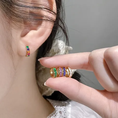 925 Sterling Silber Geometrische Bunte Strass Runde Creolen Für Damen Kleine Ins Stil Mode Ohrklemme Schmuck