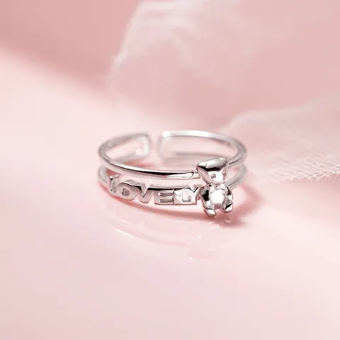 Anillo Abierto de Doble Capa de Plata de Ley 925 Estilo Coreano Lindo Oso Letra Grabada Anillo Ajustable para Mujer Joyería de Moda Regalo