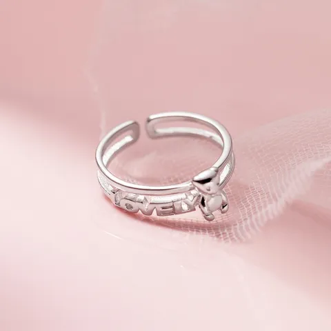 Anillo Abierto de Doble Capa de Plata de Ley 925 Estilo Coreano Lindo Oso Letra Grabada Anillo Ajustable para Mujer Joyería de Moda Regalo