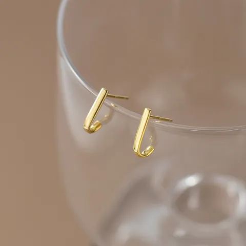 Minimalist 925 Sterling Silver Curved Line Stud Earrings For Women Dainty Geometric Vertical J Shaped Ear Hooks Jewelry