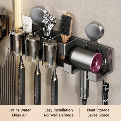 Wandmontage Zahnbürstenhalter Badezimmer Aufbewahrungsregal Mit Haartrockner Halter Ohne Bohren Kohlenstoffstahl Bad Organizer