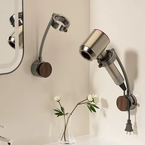 Stanzfreier Haartrocknerhalter ABS Kunststoff Holzmaserung Wandmontage Drehbarer Haartrockner Ständer Für Badezimmer Luxus