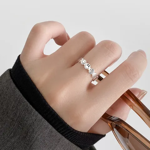 925 Sterling Silver Smiling Face Open Ring Vintage Distressed Thai Silver Style Adjustable Geometric Ring For Women Jewelry