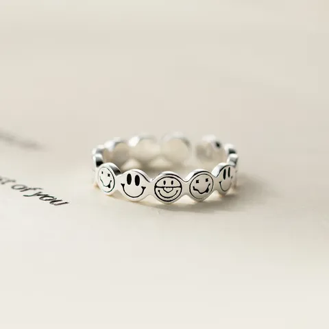 925 Sterling Silver Smiling Face Open Ring Vintage Distressed Thai Silver Style Adjustable Geometric Ring For Women Jewelry