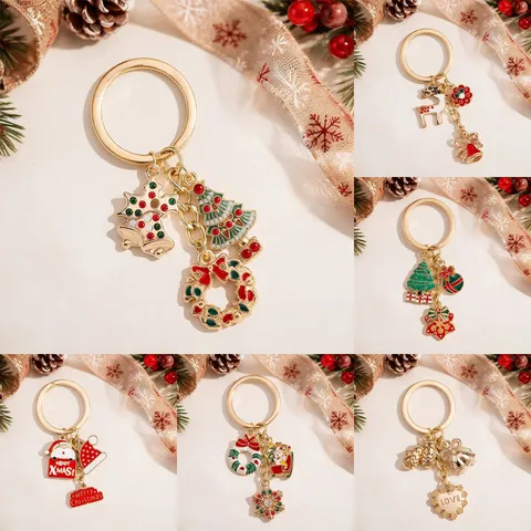Cute Christmas Zinc Alloy Keychain Creative Santa Claus Snowflake Rhinestone Pendant Cartoon Keyring Holiday Gift For Women Men