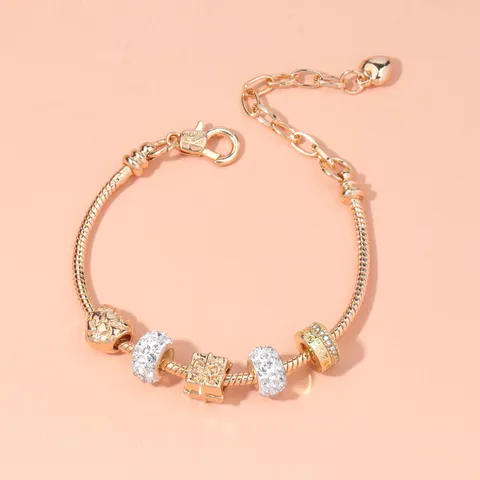 European Style Rose Gold Alloy Charm Bracelet For Women Heart Rhinestone Snake Chain Beaded Bracelet Jewelry Gift