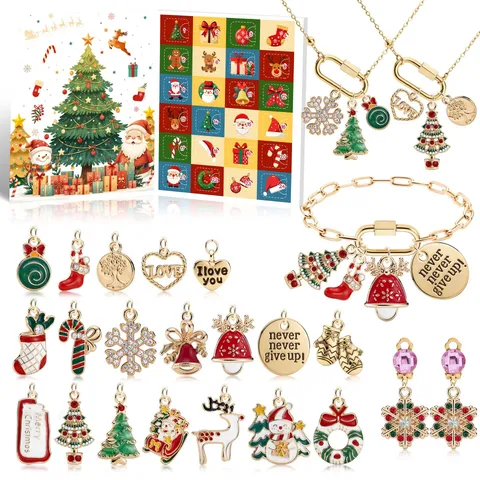 Christmas DIY Jewelry Set Advent Calendar Countdown Box For Kids Zinc Alloy Rhinestone Charm Bracelet Necklace Earrings Gift