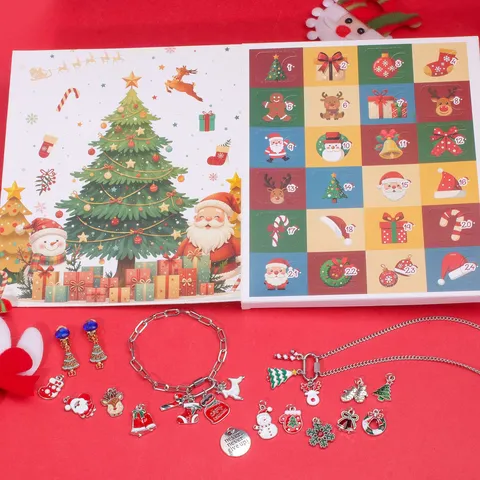 DIY Weihnachten Adventskalender 24 Gitter Schmuck Geschenkbox Set Für Kinder Mädchen Zinklegierung Emaille Strass Armband Halskette Weihnachtsbaum Weihnachtsmann Schmuckset