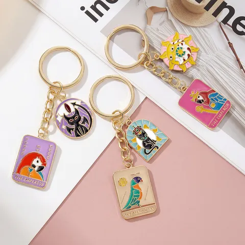 Cartoon Tarot Card Enamel Alloy Keychain Gold Plated Animal Bird Parrot Bag Pendant DIY Jewelry Accessory Key Ring Gift
