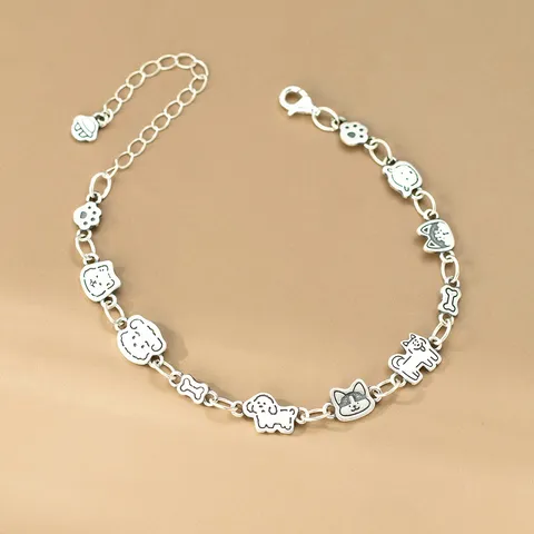 990 Fine Silver Puppy Bone Charm Bracelet Simple Niche Design Thai Silver Dog Paw Adjustable Chain For Women Jewelry