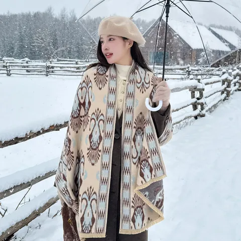 Women Winter Warm Imitation Cashmere Scarf Ethnic Geometric Print Tassel Shawl Dual Purpose Blanket