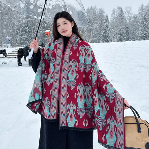 Women Winter Warm Imitation Cashmere Scarf Ethnic Geometric Print Tassel Shawl Dual Purpose Blanket