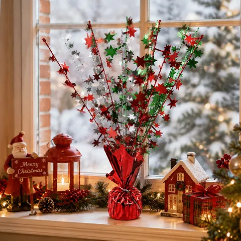Christmas Star Ornament Wire Tinsel Tree Top Tabletop Centerpiece Decoration Holiday Glitter Sequins Spray Fountain Table Party Decor