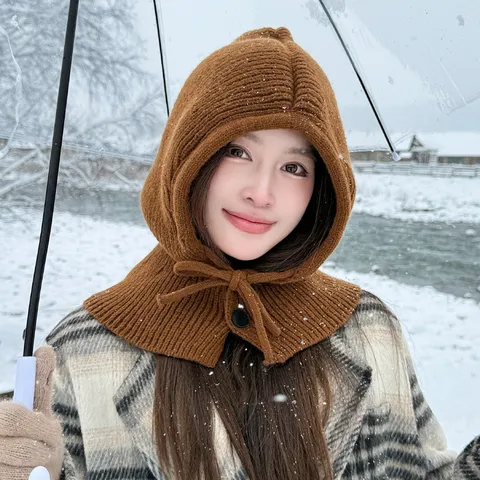 Donne Inverno Caldo Balaclava Cappello Lavorato A Maglia Cappuccio Sciarpa Ispessito Antivento Maglione Cappello Con Coulisse E Bottone