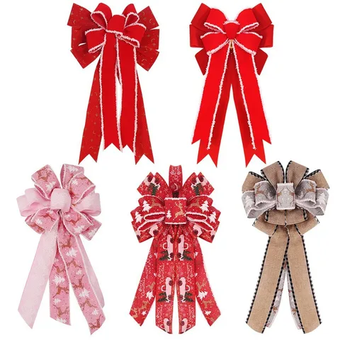 Christmas Tree Top Bowknot Hanging Ornaments Linen Flocking Red Pink Burlap Bow Festive Party Home Table Tree Decorations