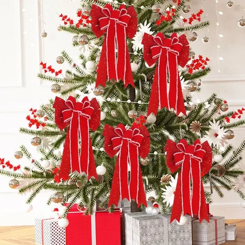 Christmas Tree Top Bowknot Hanging Ornaments Linen Flocking Red Pink Burlap Bow Festive Party Home Table Tree Decorations