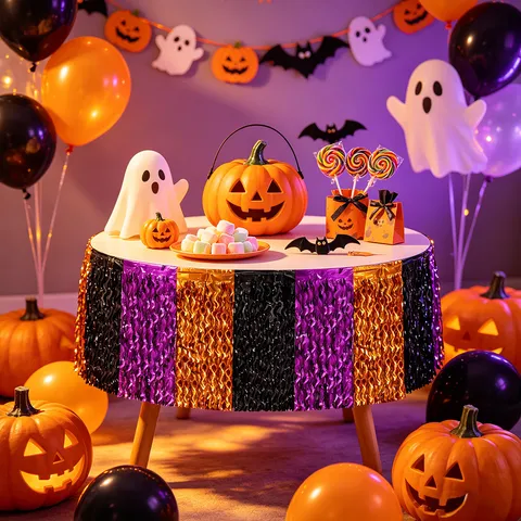 Halloween Black Purple Orange Foil Fringe Table Skirt Wavy Shiny PET Table Curtain For Halloween Party Table Decoration