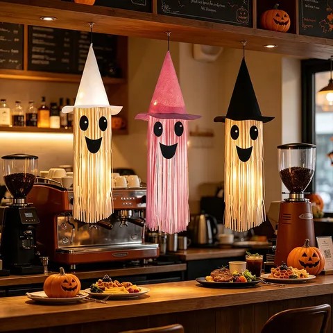 Halloween Decoration Glowing Smiling Ghost Light Pendant Witch Hat Hanging Ornament Party Atmosphere Layout Props