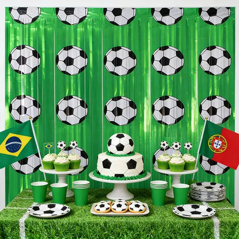 Tenda a Frange Metalliche in PET Verde Con Stampa Calcio Design Coppa del Mondo Sport Tema Compleanno Festa Sfondo Tassel Streamer Parete Decorazione Banner