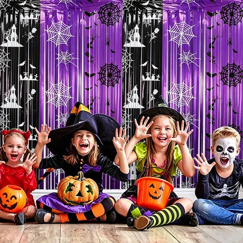 Halloween Purple Black Tinsel Curtain Spider Web Printed Foil Fringe Backdrop Curtain For Party Decoration Haunted House Door Curtain