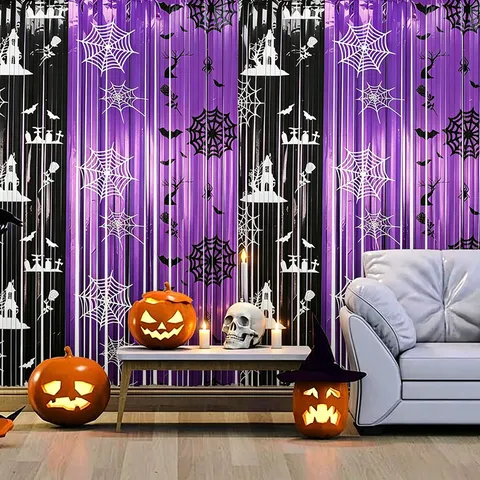Halloween Purple Black Tinsel Curtain Spider Web Printed Foil Fringe Backdrop Curtain For Party Decoration Haunted House Door Curtain