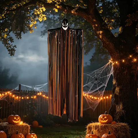 Decorazione Appesa per Tenda a Frange Fantasma di Halloween Stelle Filanti con Faccia da Fantasma Scheletro Spaventoso per Decorazione Esterna Festa Veranda Porta Set in PET Feltro