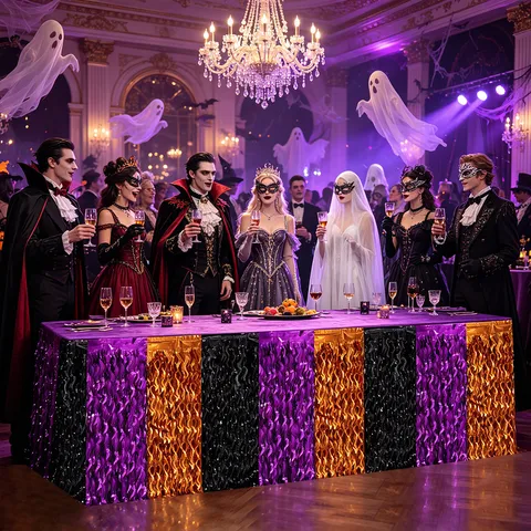 Halloween Black Purple Orange Foil Fringe Table Skirt Wavy Shiny PET Table Curtain For Halloween Party Table Decoration