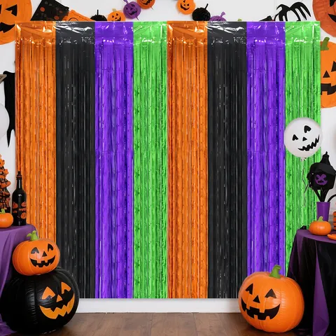 Μεταλλική Κουρτίνα με Κρόσσια για το Halloween Πορτοκαλί Μαύρο Μωβ Πράσινο Κουρτίνα Πόρτας Διακόσμηση Πάρτι Στοιχειωμένο Φόντο