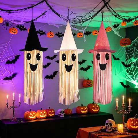 Halloween Decoration Glowing Smiling Ghost Light Pendant Witch Hat Hanging Ornament Party Atmosphere Layout Props