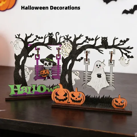 Halloween Wooden Tabletop Ornament Cartoon Ghost Pumpkin Skull Swing Wood Desktop Decoration Festive Party Decor