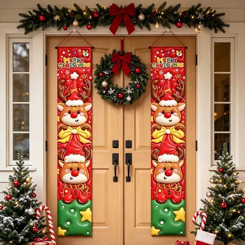 Striscione per Porta di Natale Babbo Natale Alce Pupazzo di Neve Insegna Sospesa per Decorazione di Feste e Casa